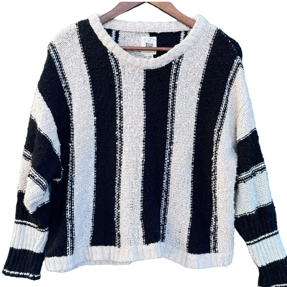 Billabong Sweater Women's LG Cream Black Crew Neck Chunky Pullover Striped Top - Picture 1 of 9